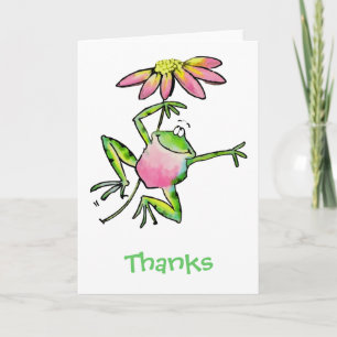 Happy Leaping Frog with Pink Daisy Thank You Card