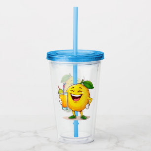 Happy Lemon Cartoon Character Holding Juice Acrylic Tumbler