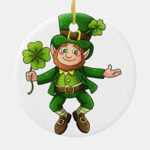 Happy Leprechaun and Shamrock Ceramic Ornament