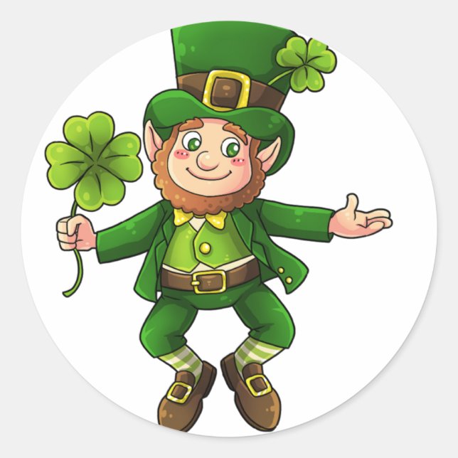 Happy Leprechaun and Shamrock Classic Round Sticker (Front)