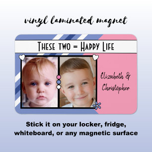 Happy life add 2 photos and names purple pink magnet