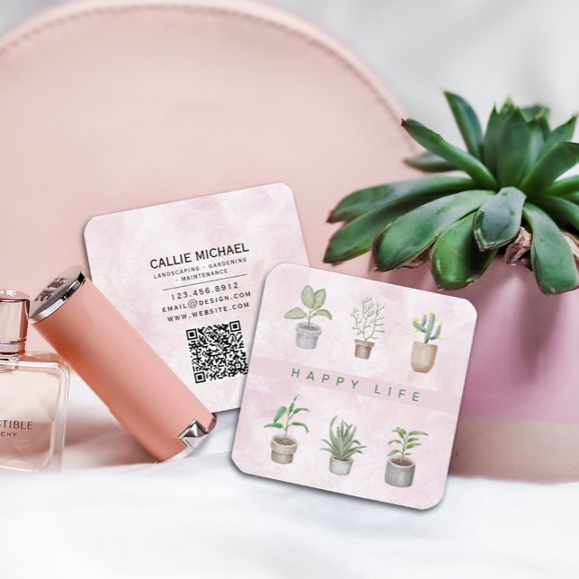 Happy Life Green Plants Square Business Card (Watercolor Pink and Green Potted Plant Business Card, #nurseries, #eventplanners#illustrators)