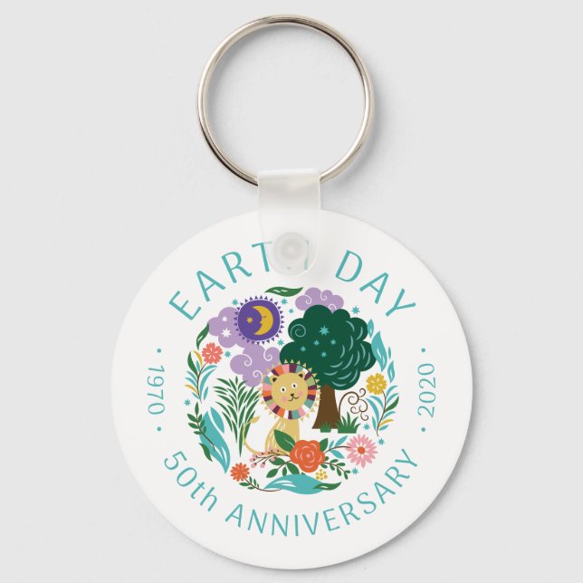 Happy Lion Nature Whimsical Earth Day 2020 50th Key Ring (Front)