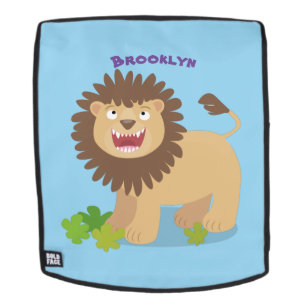Happy lion roaring cartoon illustration backpack