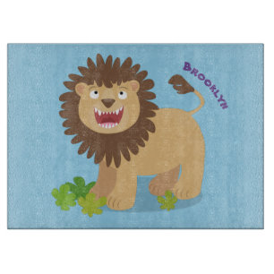 Happy lion roaring cartoon illustration cutting board