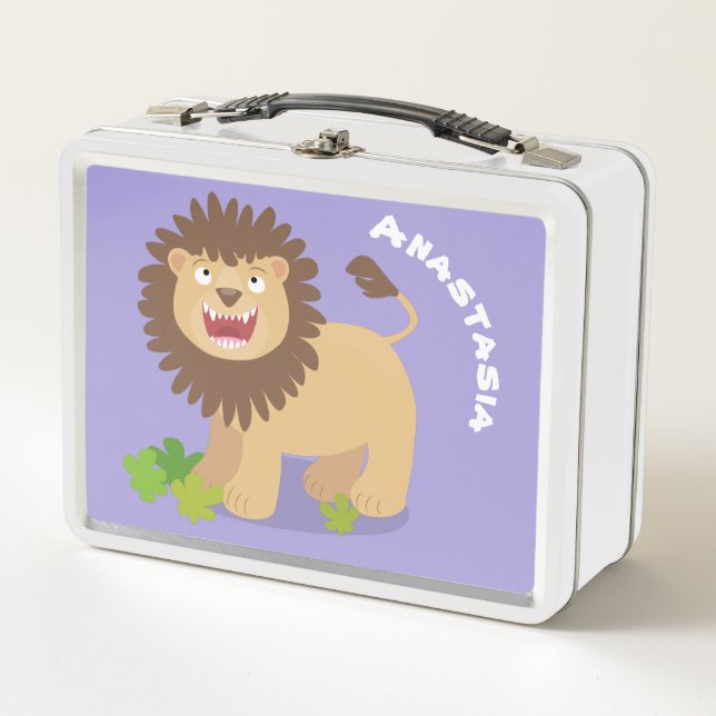 Happy lion roaring cartoon illustration metal lunch box (Front)