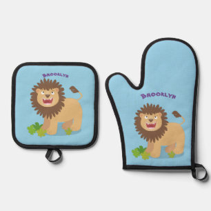 Happy lion roaring cartoon illustration oven mitt & pot holder set