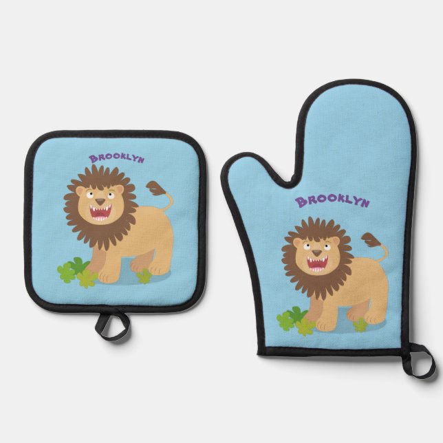 Happy lion roaring cartoon illustration oven mitt & pot holder set (Front)