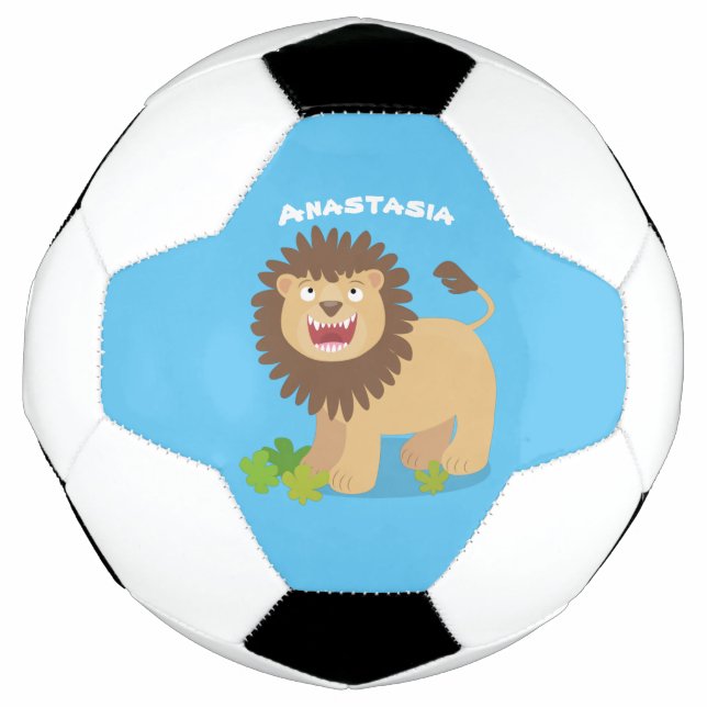 Happy lion roaring cartoon illustration soccer ball (Front)