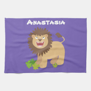 Happy lion roaring cartoon illustration tea towel