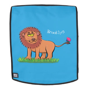 Happy lion with butterfly cartoon illustration backpack
