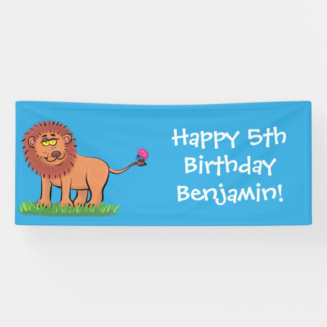 Happy lion with butterfly cartoon illustration banner (Horizontal)