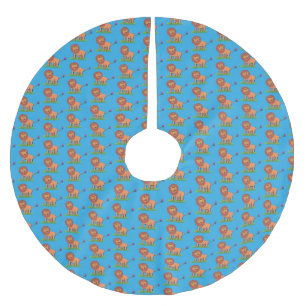 Happy lion with butterfly cartoon illustration brushed polyester tree skirt