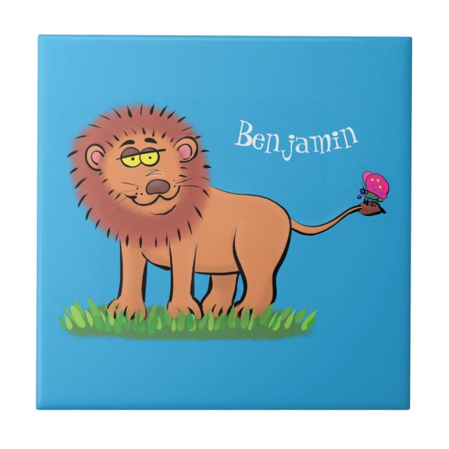 Happy lion with butterfly cartoon illustration ceramic tile (Front)