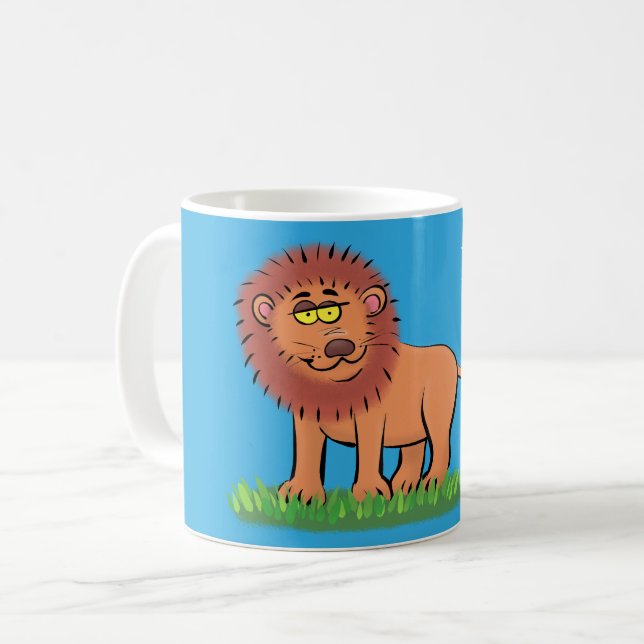 Happy lion with butterfly cartoon illustration coffee mug (Front Left)