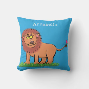Happy lion with butterfly cartoon illustration cushion