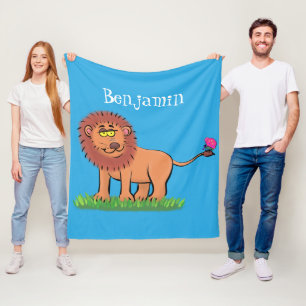 Happy lion with butterfly cartoon illustration fleece blanket
