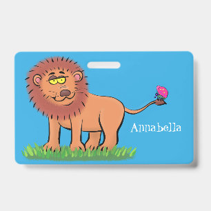 Happy lion with butterfly cartoon illustration ID badge