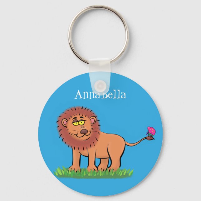 Happy lion with butterfly cartoon illustration key ring (Front)