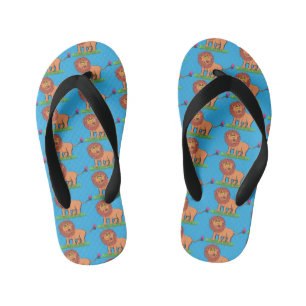 Happy lion with butterfly cartoon illustration kid's thongs