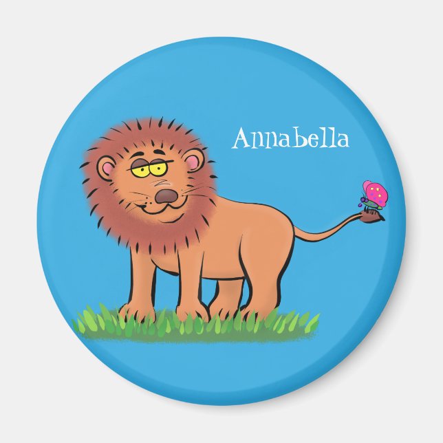 Happy lion with butterfly cartoon illustration magnet (Front)