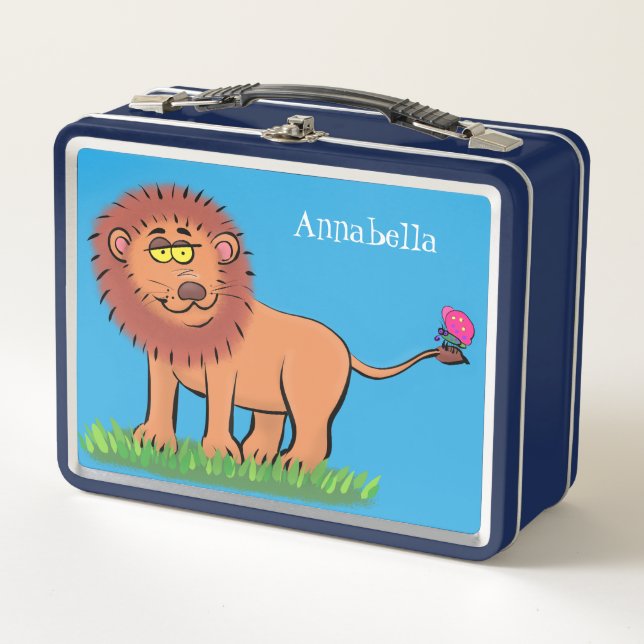 Happy lion with butterfly cartoon illustration metal lunch box (Front)