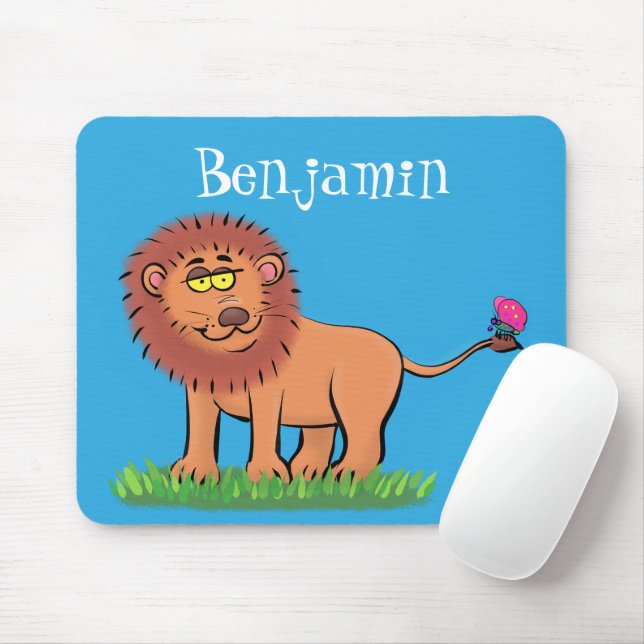 Happy lion with butterfly cartoon illustration mouse pad (With Mouse)