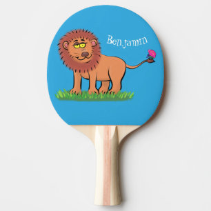 Happy lion with butterfly cartoon illustration ping pong paddle