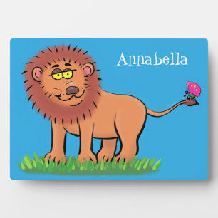 Happy lion with butterfly cartoon illustration plaque