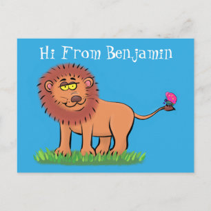 Happy lion with butterfly cartoon illustration postcard