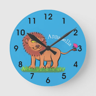 Happy lion with butterfly cartoon illustration round clock
