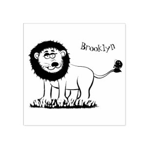 Happy lion with butterfly cartoon illustration rubber stamp