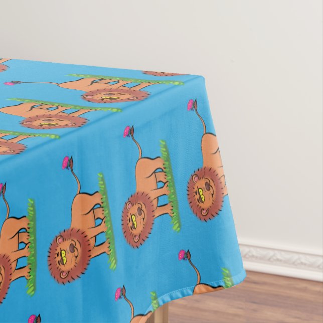Happy lion with butterfly cartoon illustration tablecloth (In Situ)