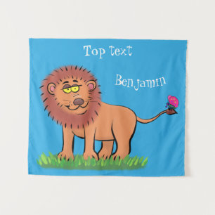 Happy lion with butterfly cartoon illustration  tapestry