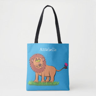Happy lion with butterfly cartoon illustration tote bag