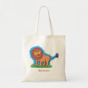 Happy lion with butterfly cartoon illustration tote bag