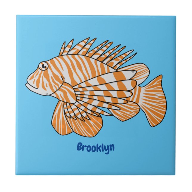 Happy lionfish cartoon illustration ceramic tile (Front)