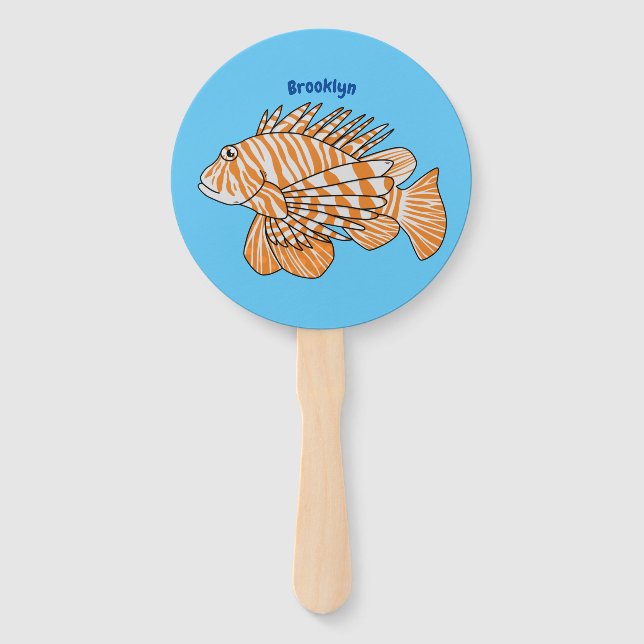 Happy lionfish cartoon illustration hand fan (Front)