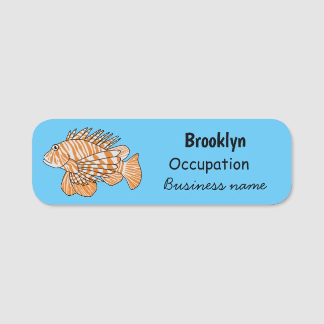 Happy lionfish cartoon illustration name tag (Front)