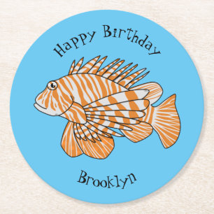 Happy lionfish cartoon illustration round paper coaster