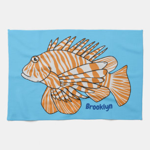 Happy lionfish cartoon illustration tea towel