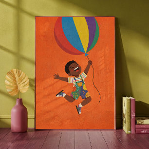 Happy Little Boy Floating with a Colourful Balloon Poster