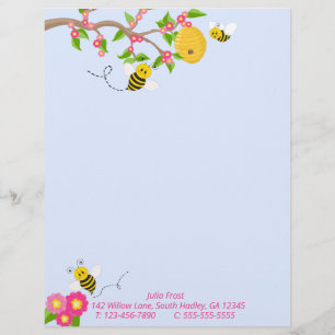 Happy Little Bumble Bees and Flowers Custom Letterhead
