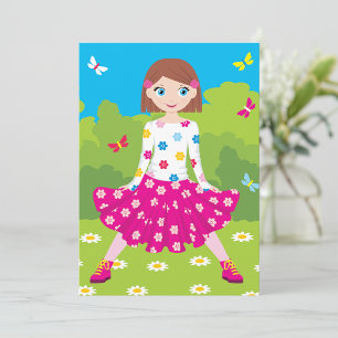 Happy Little Girl with Flowers and Butterflies Invitation