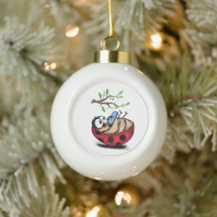 Happy Little Ladybug with Phone - Cartoon Drawing  Ceramic Ball Christmas Ornament