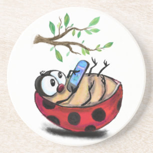 Happy Little Ladybug with Phone - Cartoon Drawing Coaster