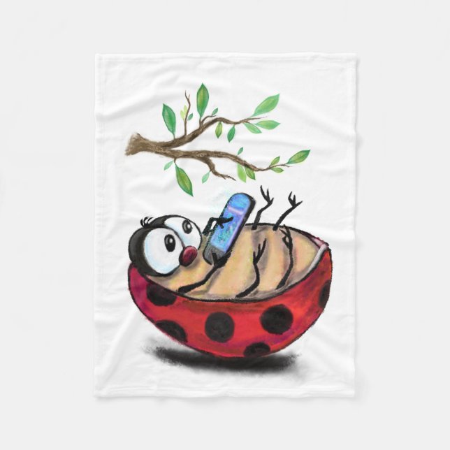 Happy Little Ladybug with Phone - Cartoon Drawing  Fleece Blanket (Front)
