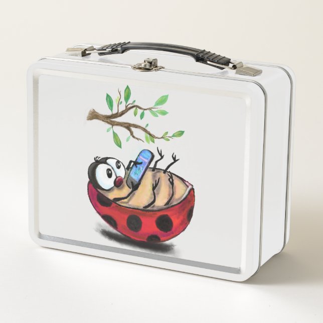 Happy Little Ladybug with Phone - Cartoon Drawing  Metal Lunch Box (Front)