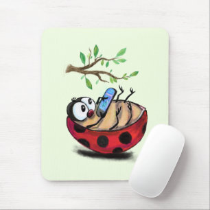 Happy Little Ladybug with Phone - Cartoon Drawing Mouse Pad