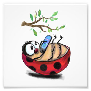 Happy Little Ladybug with Phone - Cartoon Drawing Photo Print